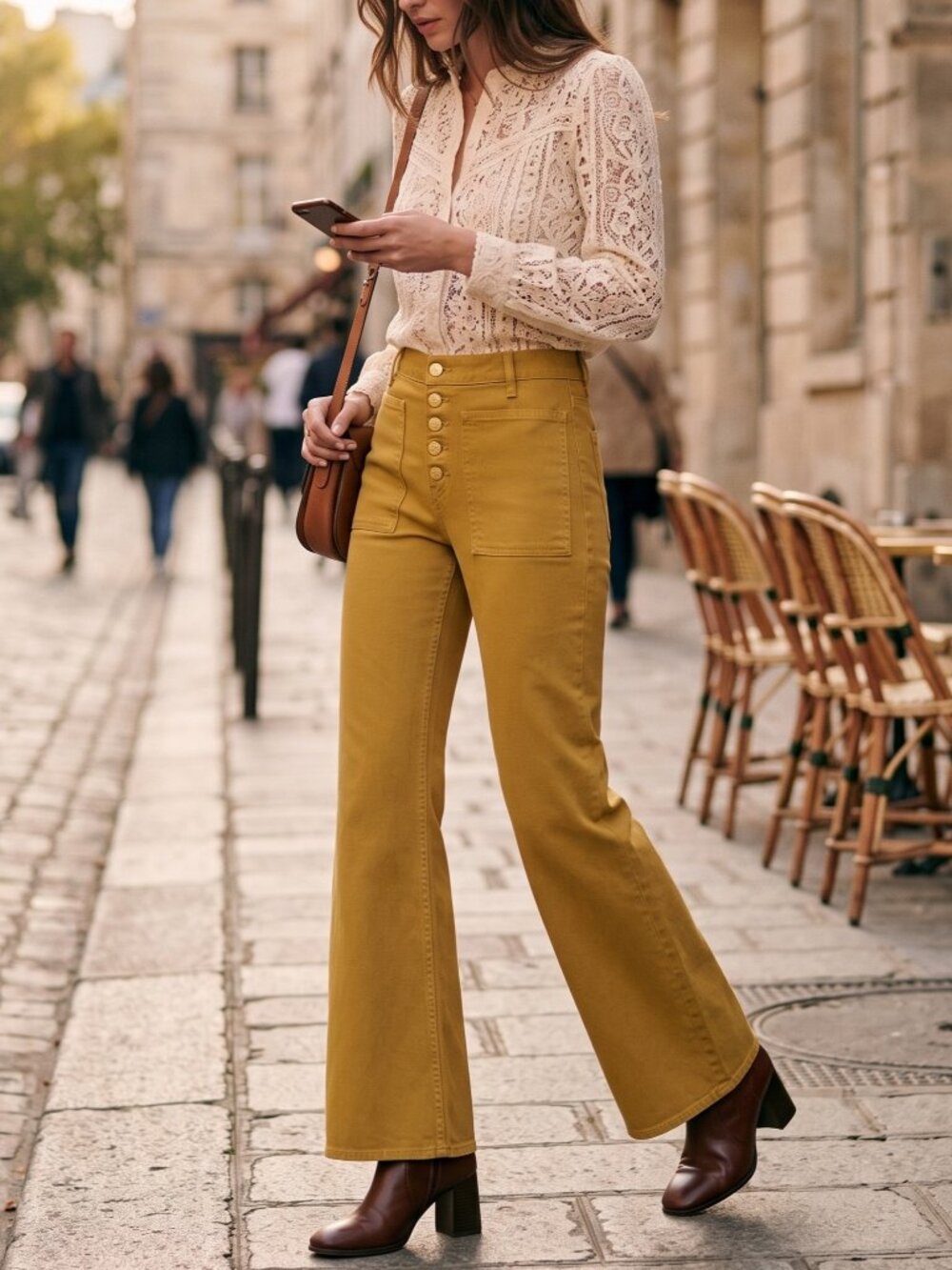 Ulla Johnson Lou Button Up High Rise Cotton Flare Jeans Argan Green 27 $420